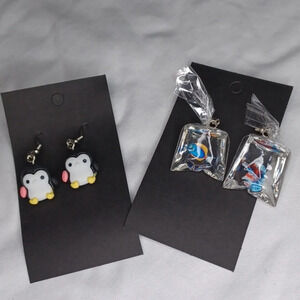 Handmade penguin and fish in a bag earrings